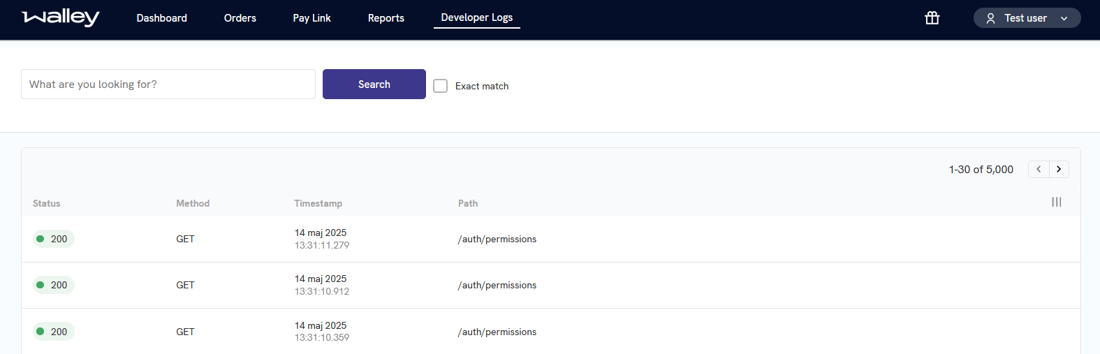 Developer Logs view in Merchant Hub